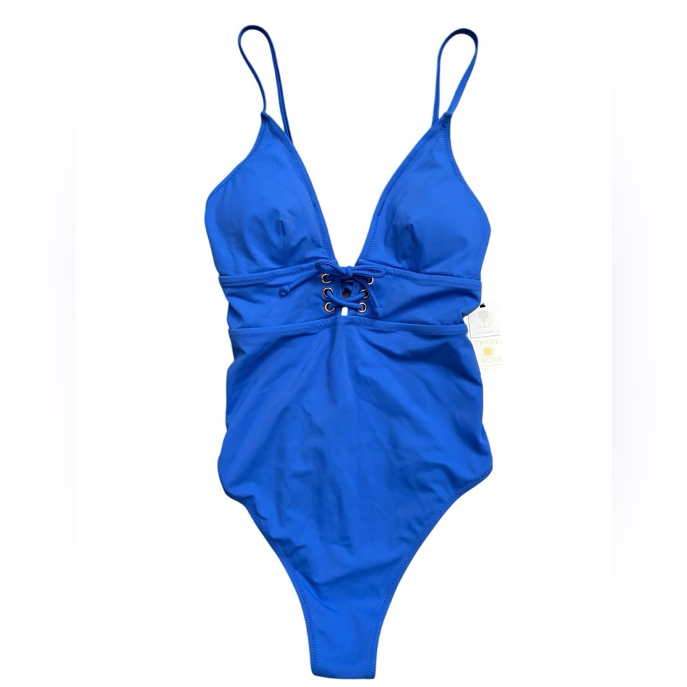 Medium Shade & Shore Blue Lace Up One Piece Swimsuit New